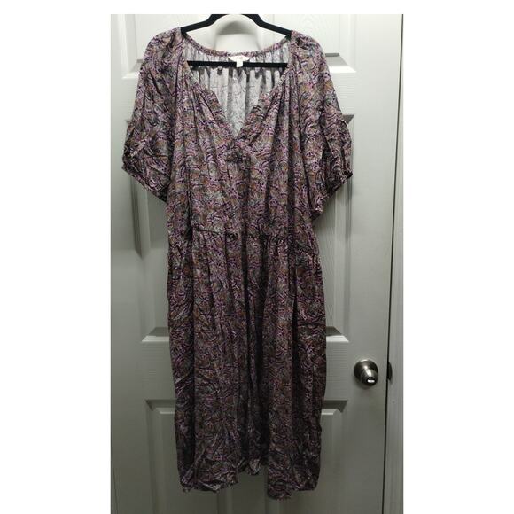 Terra & Sky Size 4X (28/30W) Purple Brown Butterfly Marks Split Neck Midi Dress - Picture 1 of 8